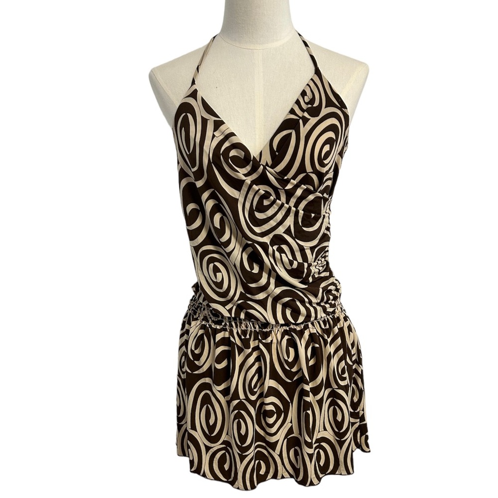 Julia brown geometric halter tunic mini‎ dress womens size medium.
